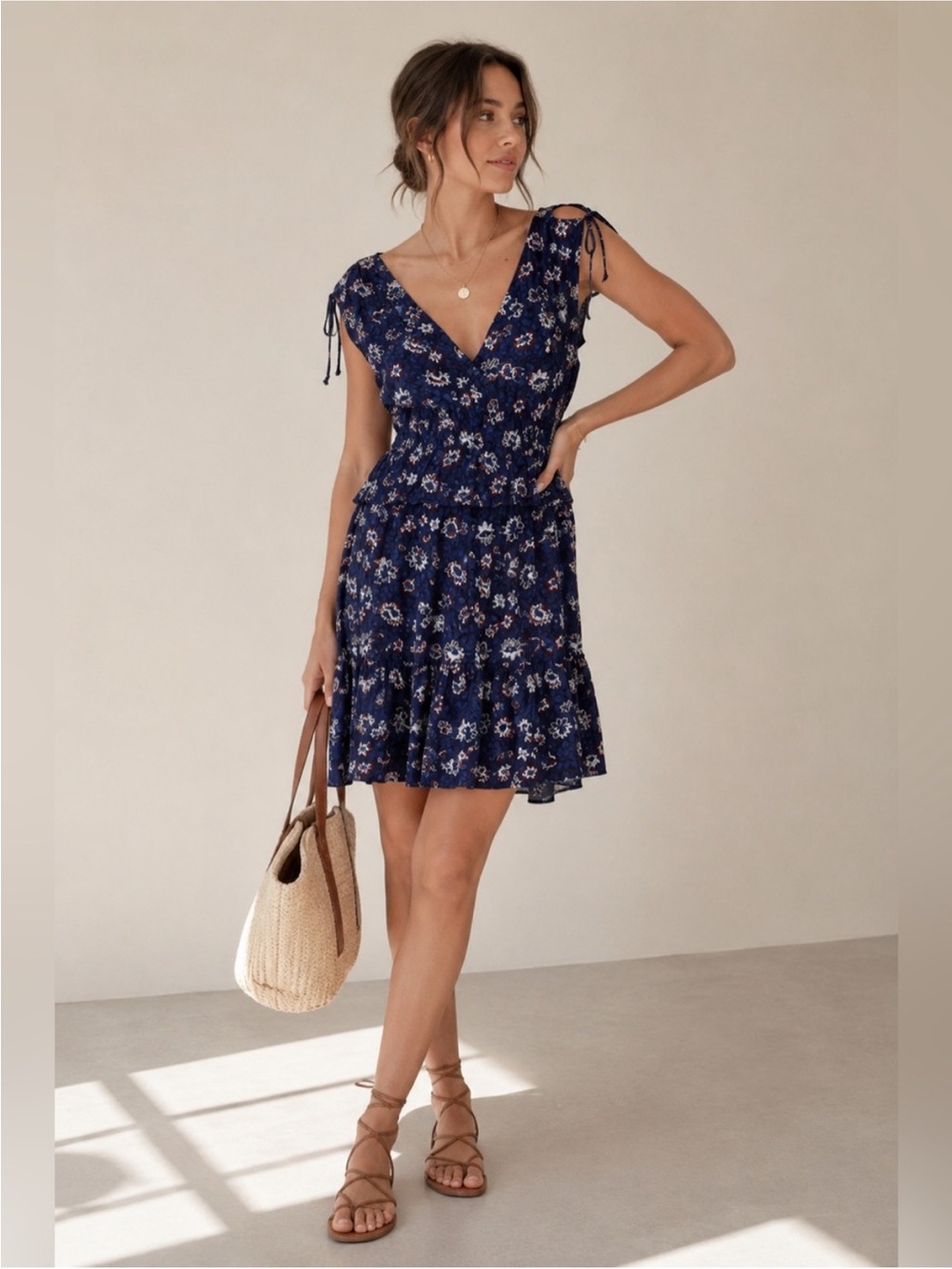 Thakoon Collective Floral Shoulder Tie Mini Dress Size 6 Navy Blue Ruffle